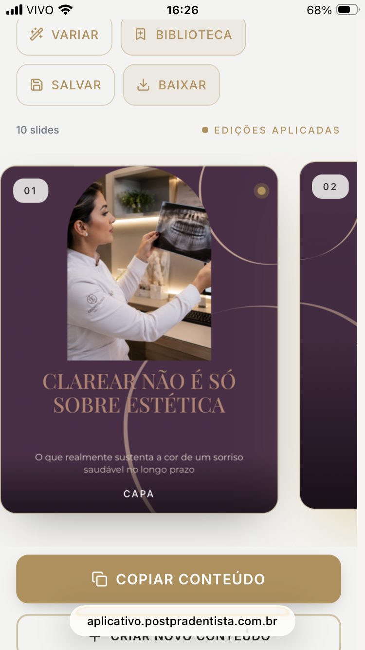 Editor de carrossel da plataforma Post Pra Dentista® em um iPhone