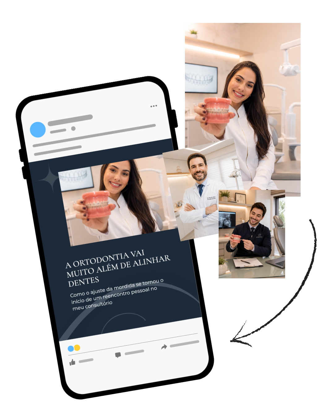 Mockup mostrando conteúdo criado com fotos próprias do dentista
