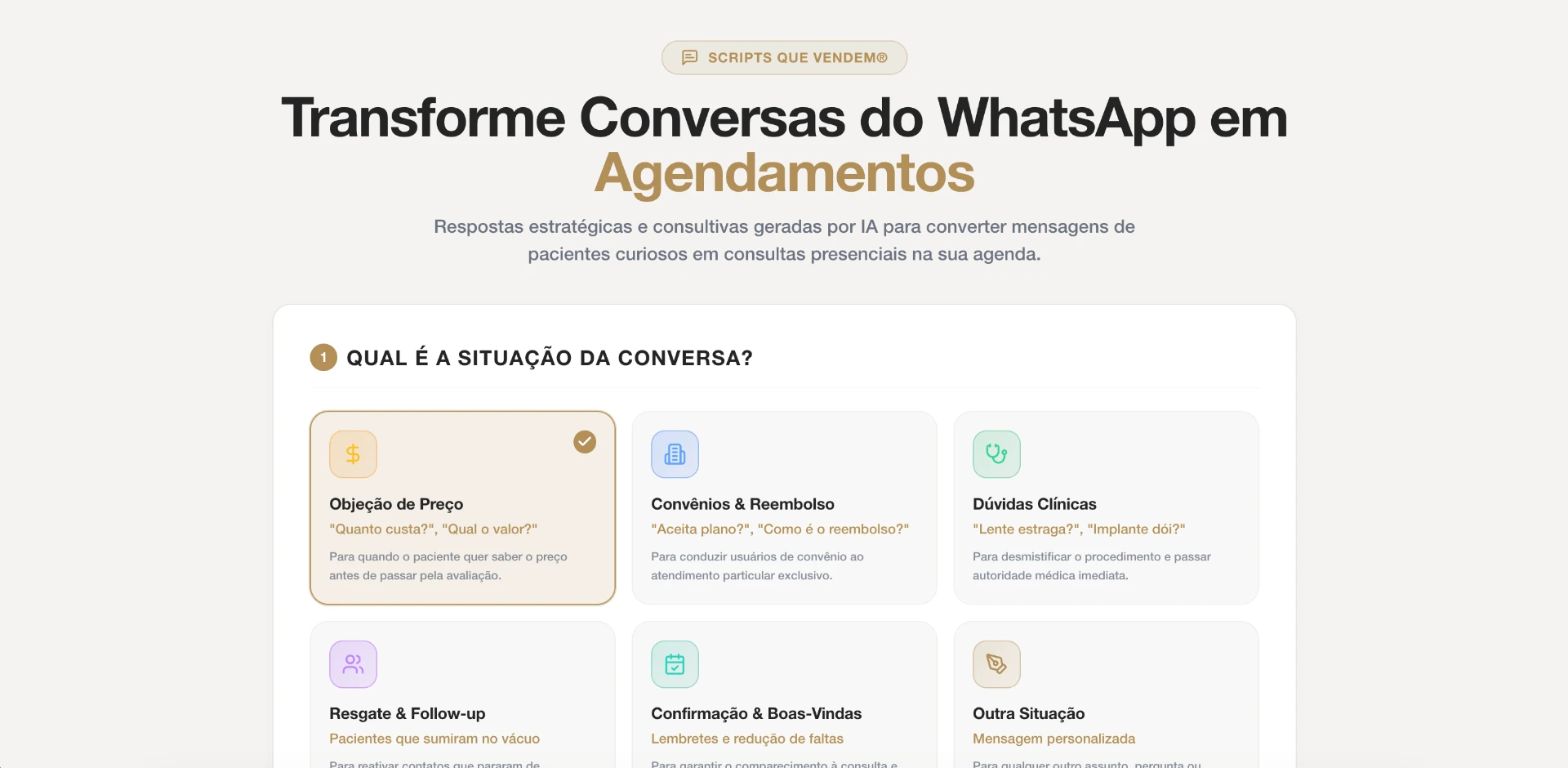 Interface do Scripts Que Vendem® mostrando situações de conversa no WhatsApp